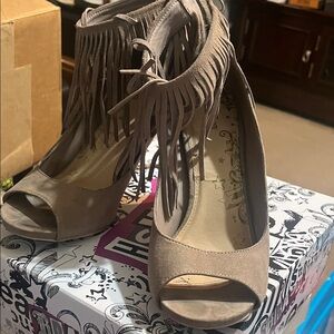 Brash Taupe Fringe Peep-Toe Heels
